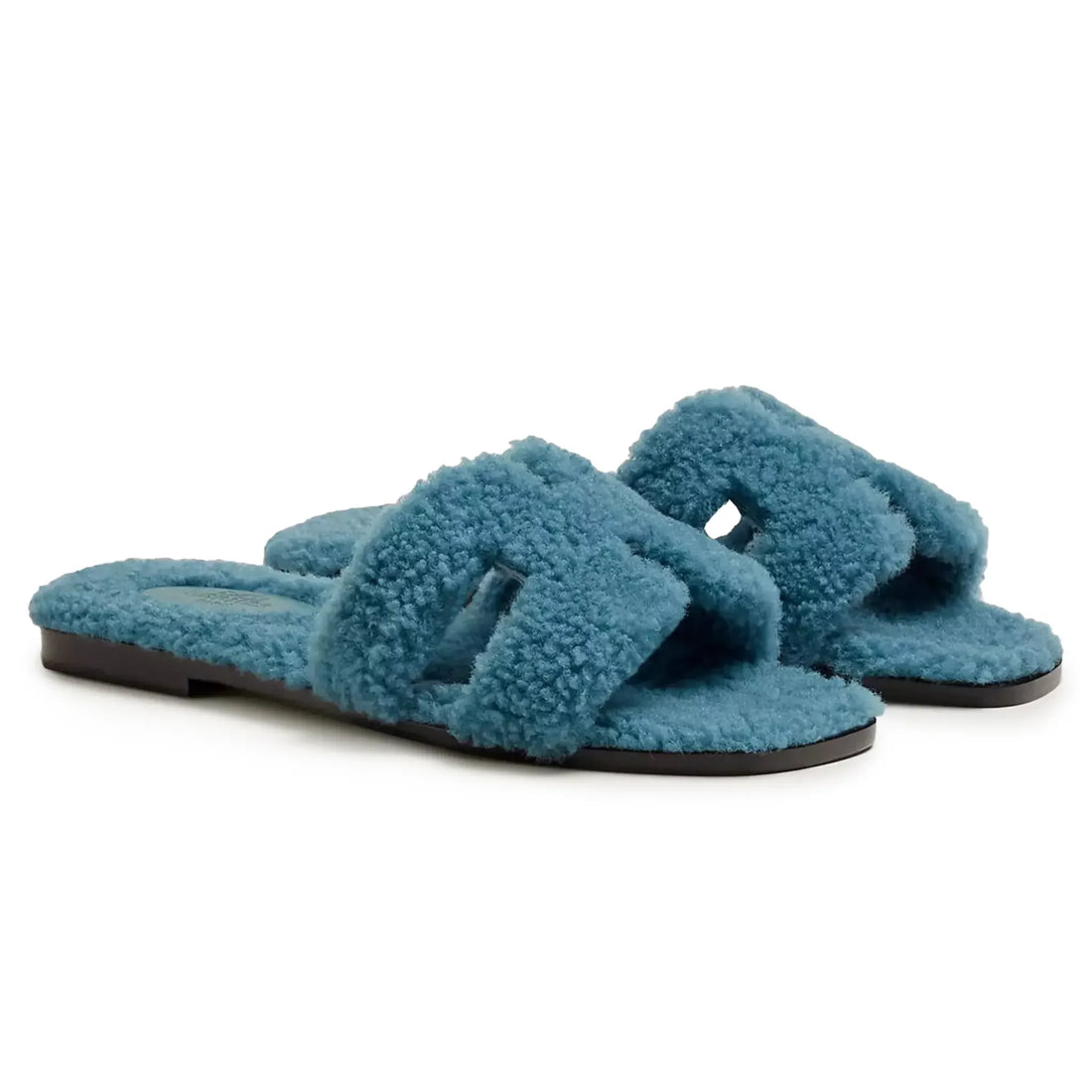 Hermès Paris Oran Blue Shearling Sandals